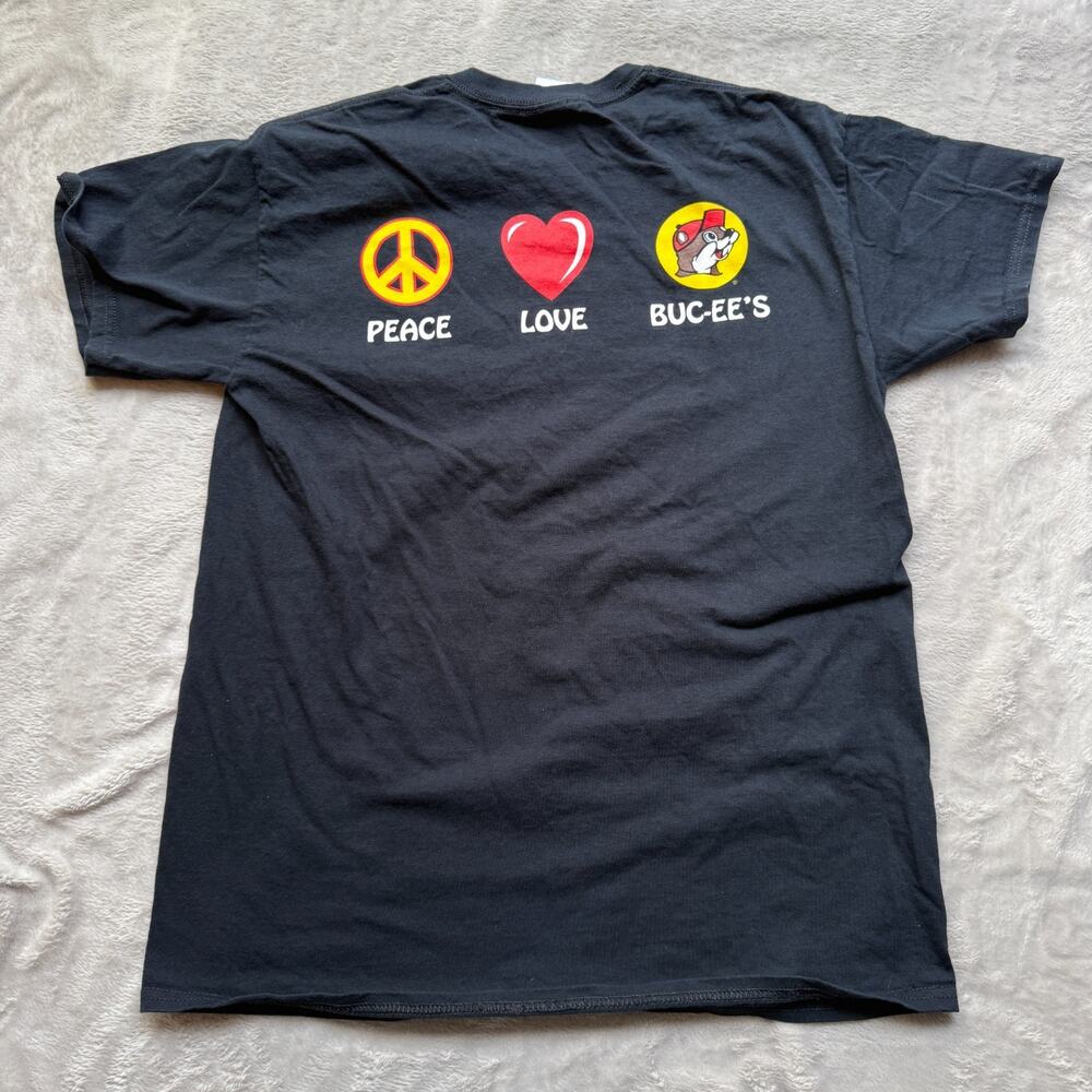 Bucees Shirt Mens Medium Black Peace Love Bucee Beaver Hippie Texas Short Sleeve